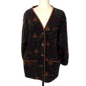 Vintage Dakini Fleece Coat Jacket Womens Medium Green Floral Lagenlook Artsy